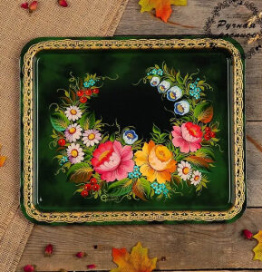 Тагильский поднос "Букет на зелёном" (металл, ручная лаковая роспись)